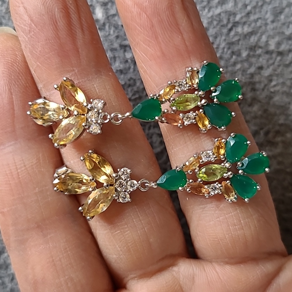 Natural Citrine, Agate, Peridot, Sapphire .925 Sterling Silver Drop Earrings